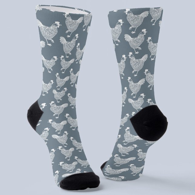 Chaussette Volaille de poulet (Dusty blue gray and white chicken hen poultry pattern socks)