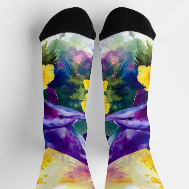 Chaussette Watercolor Ocean Dolphins Tropical Flowers (Haut)