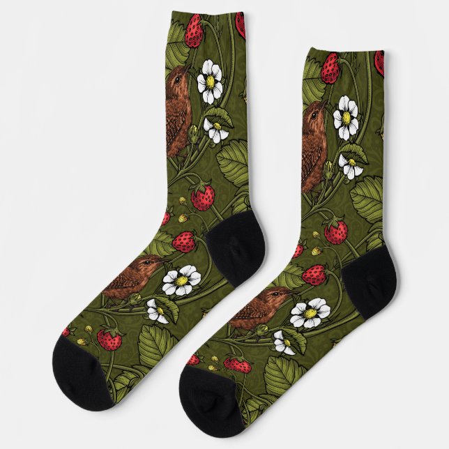 Chaussette Wens et fraises sur vert foncé (Gauche)