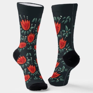 Chaussette Whimsical Red Tulips Floral Art - Printemps Abstra