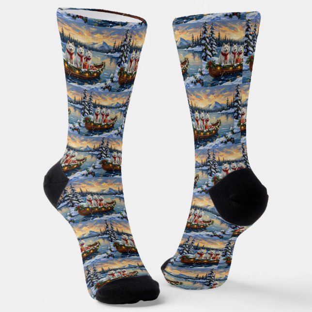 Chaussette White American Eskimo Dog Christmas Boat Holiday (Angulaire)