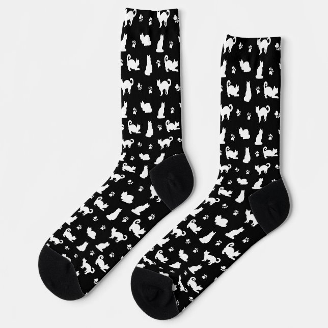 Chaussette White  Cats and Paw Prints on Black Pattern (Gauche)