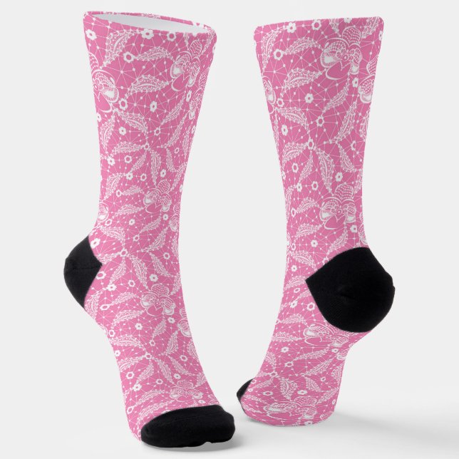 Chaussette White floral lace on pink background  (Angulaire)
