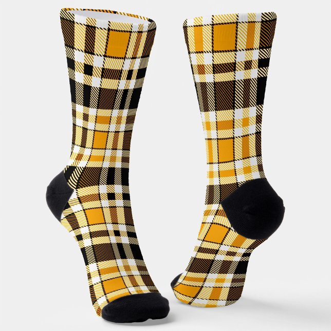 Chaussette Yellow Black White Flannel Tartan Pattern Design  (Créateur téléchargé)