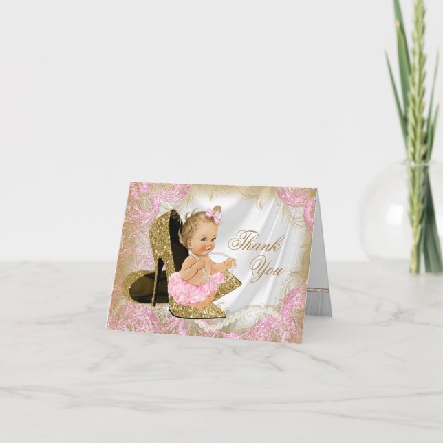 Chaussure rose or fille Baby shower Merci (Devant)