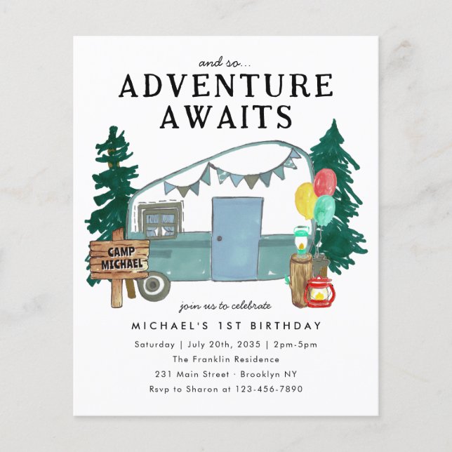 Cheap Adventure Awaits Car Trees Camping Birthday Flyer (Front)