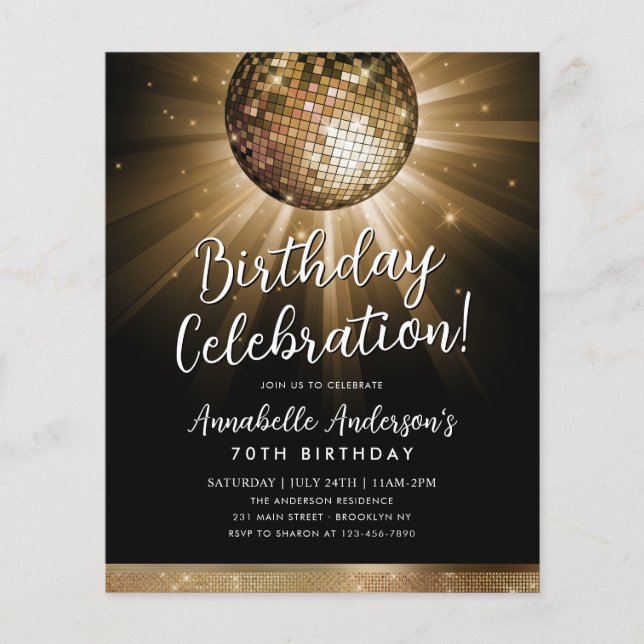 Cheap Black Gold Glitter 70s Disco Ball Birthday Flyer (Front)