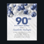 Cheap Blue Silver Balloon Glitter 90th Birthday Flyer<br><div class="desc">Modern Glam Navy Blue Silver Balloon Glitter Sparkle Any Age Birthday Invitation</div>