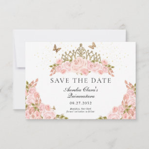 CHEAP Blush Pink Floral Gold Tiara Quinceanera Card