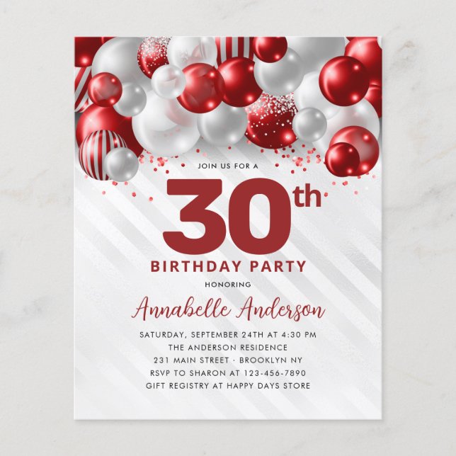 Cheap Burgundy Red Silver Balloon Glitter Birthday Flyer (Front)