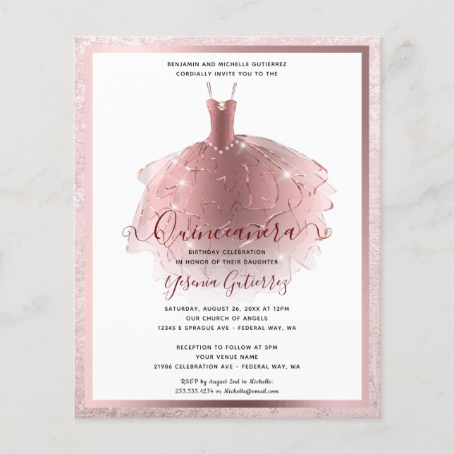Cheap Elegant Rose Gold Quinceañera Dress Invite Flyer (Front)