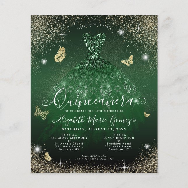 Cheap Emerald Green Gold Gown Quinceanera Card (Front)