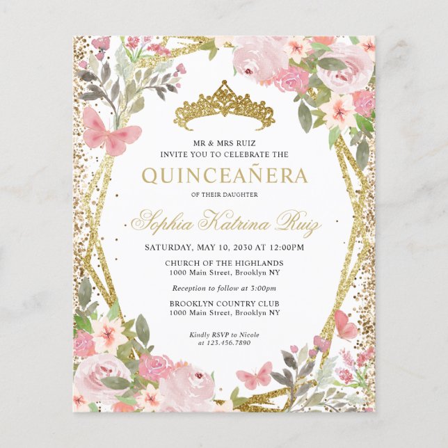 Cheap Floral Blush Gold Tiara Quinceañera Invite Flyer (Front)