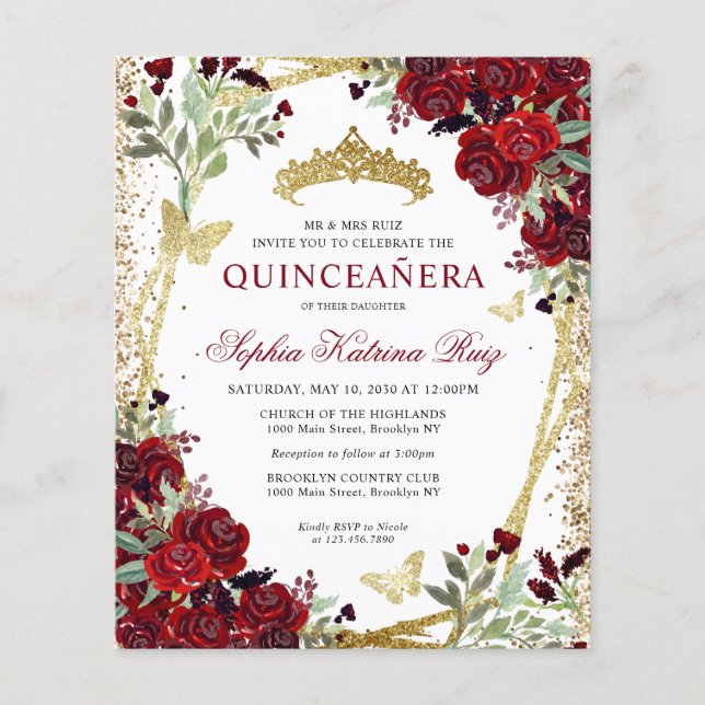 Cheap Floral Burgundy Gold Quinceañera Invite Flyer (Front)