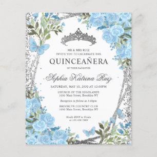 Cheap Floral Dusty Blue Silver Quinceañera Invite Flyer