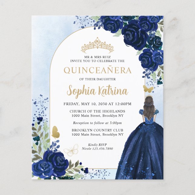 Cheap Floral Navy Blue Gold Princess Quinceanera Flyer (Front)
