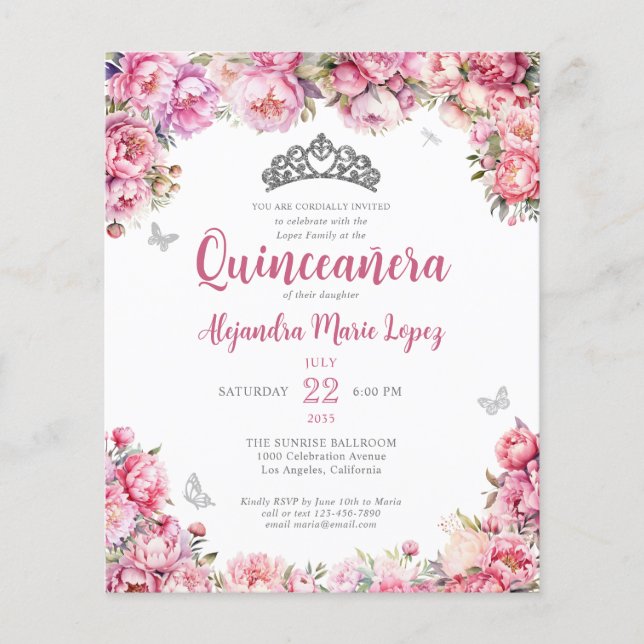 Cheap Floral Pink Silver Glitter Tiara Quinceañera Flyer (Front)