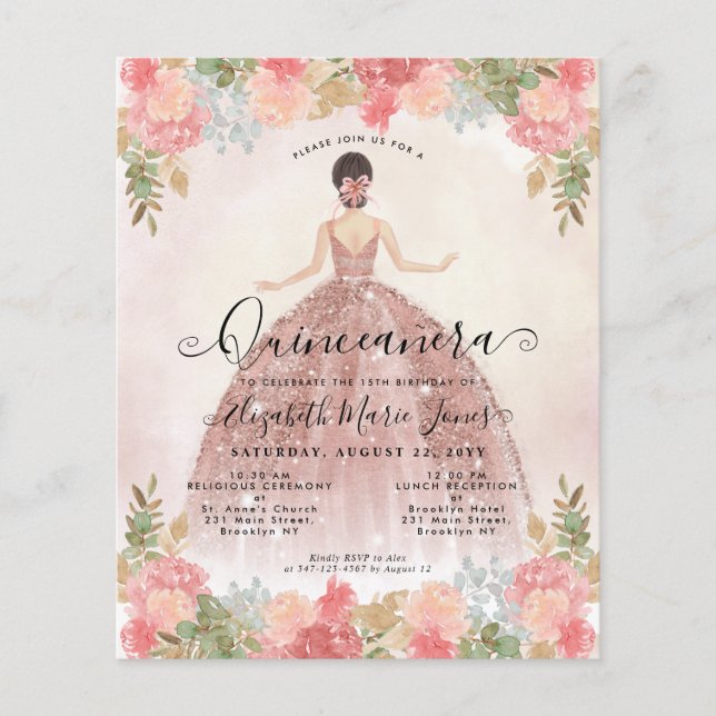 Cheap Floral Rose Gold Pink Princess Quinceanera Flyer (Front)