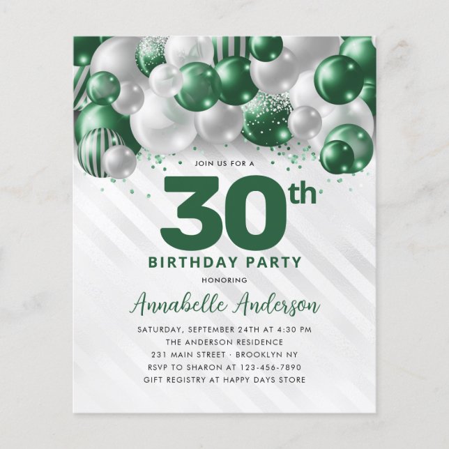 Cheap Glam Green Silver Balloon Glitter Birthday Flyer (Front)