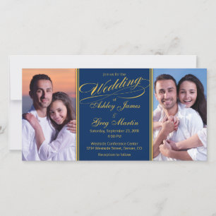 Cheap Navy Gold Photo Collage Wedding Invitation