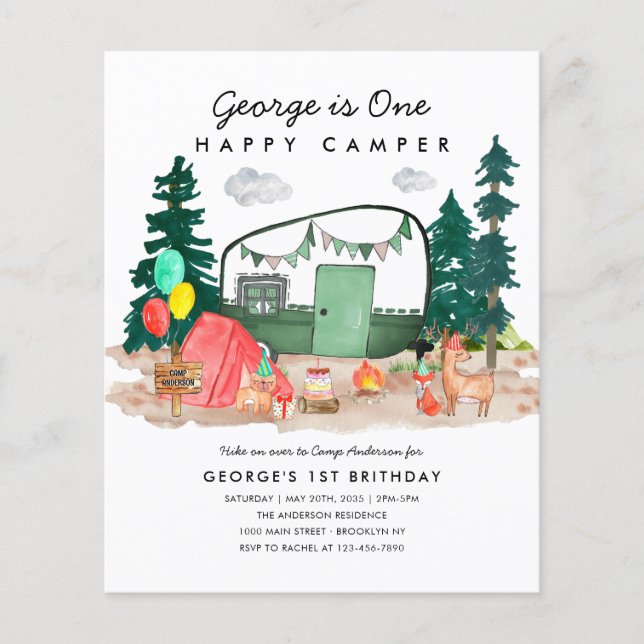 Cheap ONE Happy Camper Forest Camping 1st Birthday Flyer (Front)