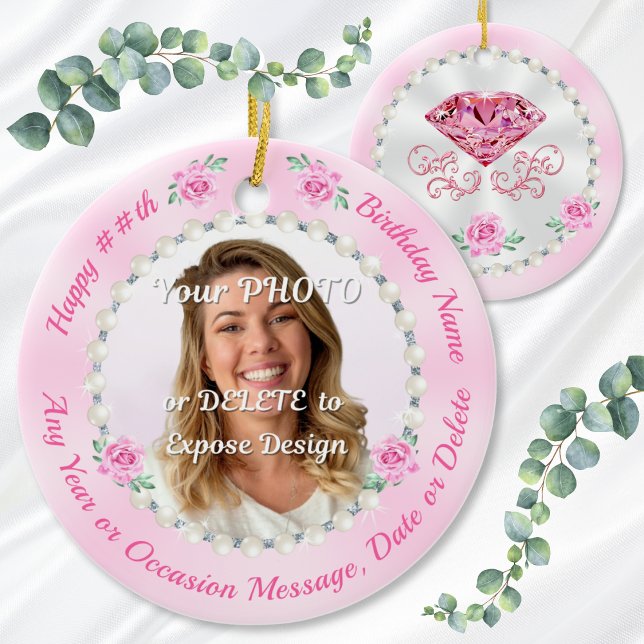 Cheap, Personalized Photo Birthday Ornaments, Pink Ceramic Ornament (Birthday gift for female coworker, female friend, wife, mom and her. 60th or 30th birthday ornaments)