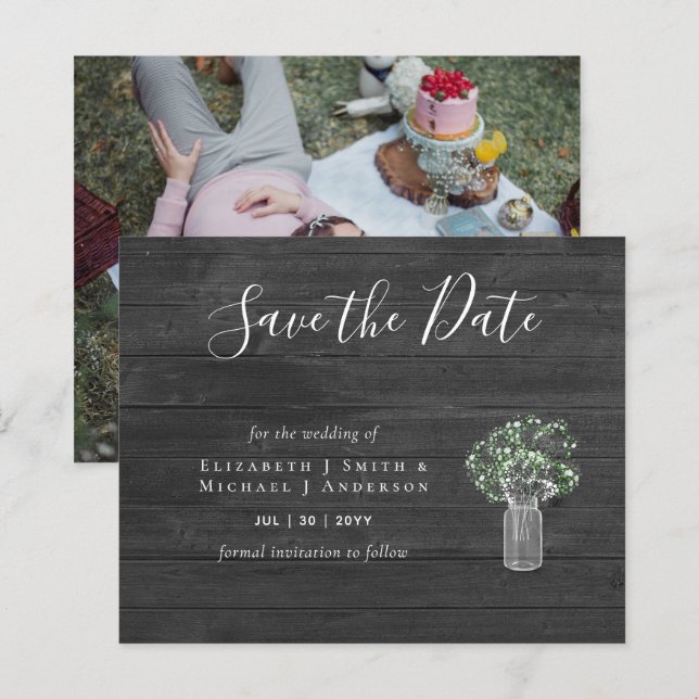 CHEAP Photo Save Dates Rustic Gypsophila Mason Jar (Front/Back)
