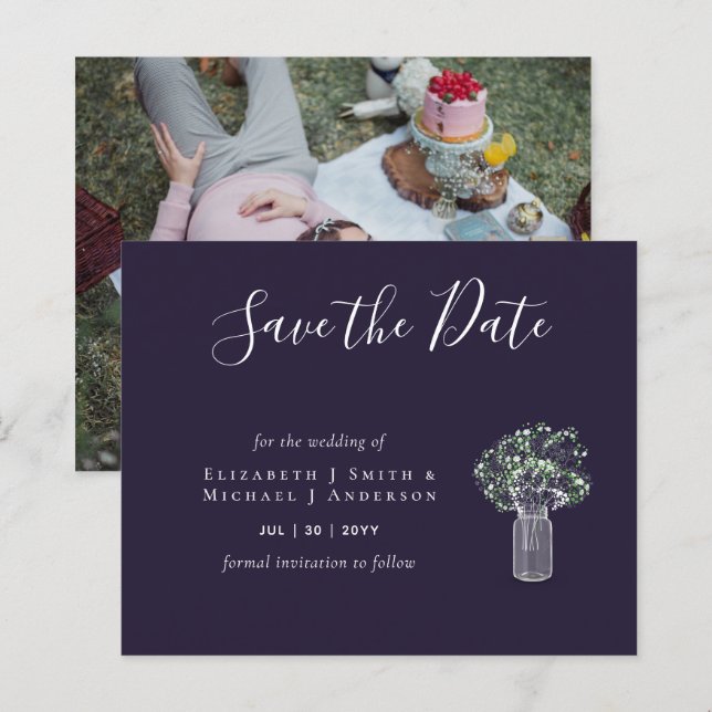 CHEAP Photo Save Dates Rustic Gypsophila Mason Jar (Front/Back)