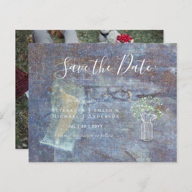 CHEAP Photo Save Dates Rustic Gypsophila Mason Jar (Front/Back)