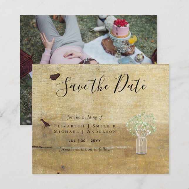 CHEAP Photo Save Dates Rustic Gypsophila Mason Jar (Front/Back)