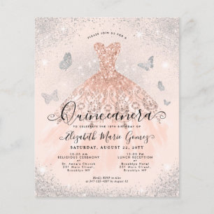 Cheap Pink Rose Gold Glam Gown Quinceanera Invite Flyer