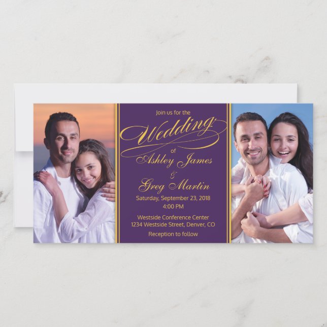 Cheap Purple Gold Photo Collage Wedding Invitation (Front)