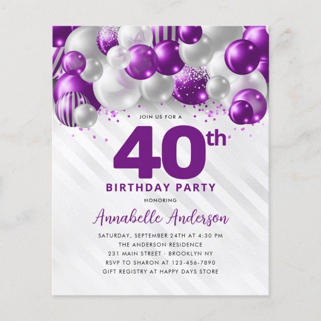Cheap Purple Silver Balloon Glitter 40th Birthday Flyer (Front)