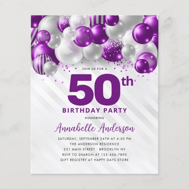 Cheap Purple Silver Balloon Glitter 50th Birthday Flyer (Front)