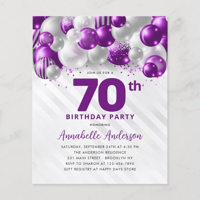 Cheap Purple Silver Balloon Glitter 70th Birthday Flyer (Front)