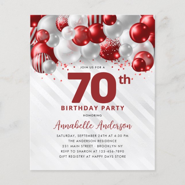 Cheap Red Silver Balloon Glitter 70th Birthday Flyer (Front)