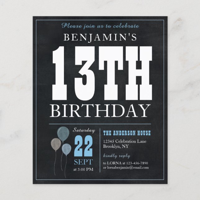 Cheap Rustic Chalkboard Blue Balloon 13th Birthday Flyer (Front)
