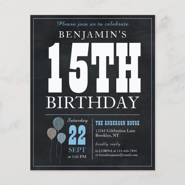 Cheap Rustic Chalkboard Blue Balloon 15th Birthday Flyer (Front)