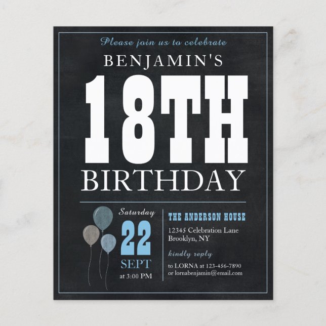 Cheap Rustic Chalkboard Blue Balloon 18th Birthday Flyer (Front)