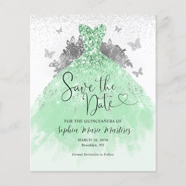 Cheap Sage Green Dress Quinceañera Save the Date Flyer (Front)