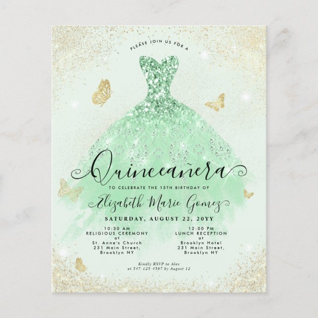 Cheap Sage Green Gold Glitter Gown Quinceanera Flyer (Front)