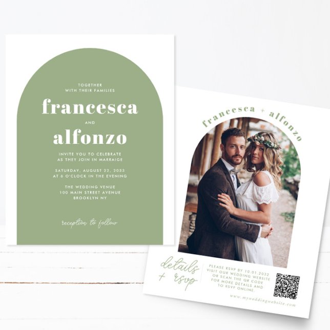 Cheap Sage Green RSVP QR Code Retro Photo Wedding Flyer (Creator Uploaded)