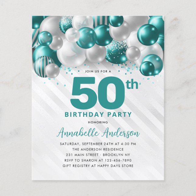 Cheap Teal Silver Balloon Glitter 50th Birthday Flyer (Front)