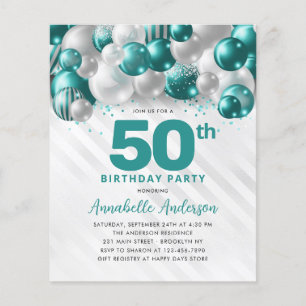 Cheap Teal Silver Balloon Glitter 50th Birthday Flyer