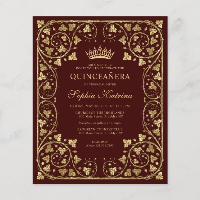 Cheap Vintage Burgundy Red Gold Tiara Quinceanera Flyer (Front)