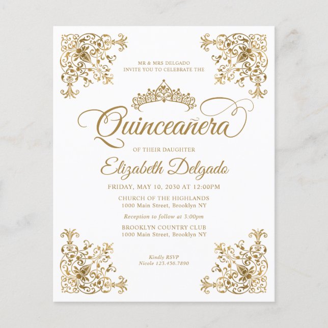 Cheap Vintage White Gold Tiara Frame Quinceanera Flyer (Front)