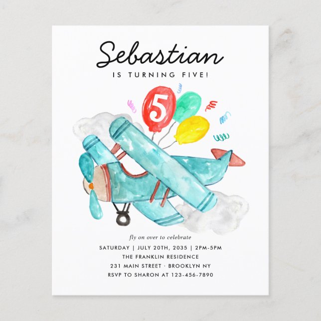 Cheap Watercolor Plane Balloons Kids Birthday Flyer (Front)
