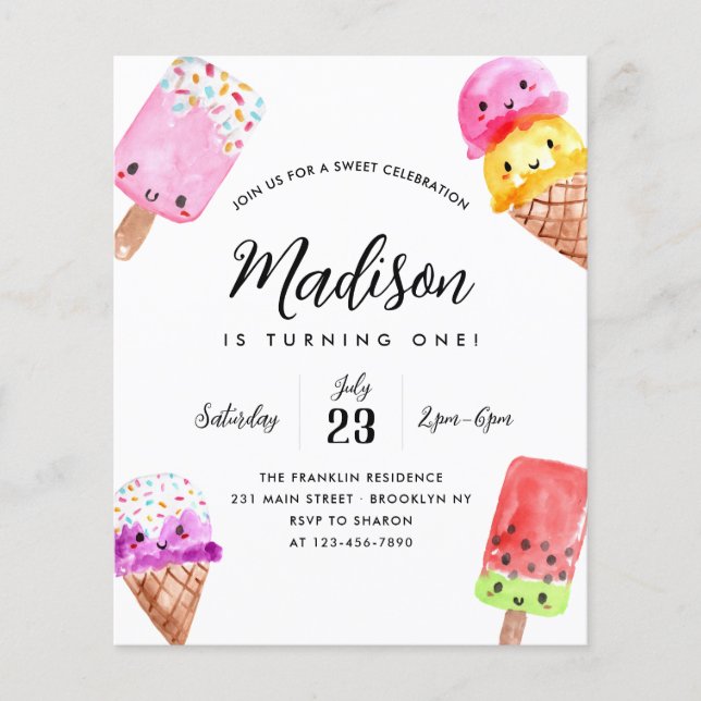 Cheap Watercolor Popsicle Cone Ice Cream Birthday Flyer (Front)