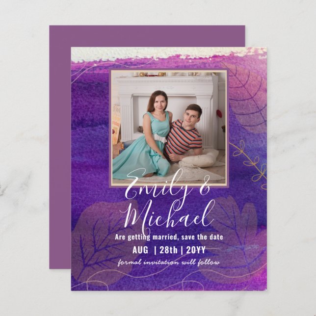 Cheapest PHOTO Save Date Purple Gold Abstract (Front/Back)