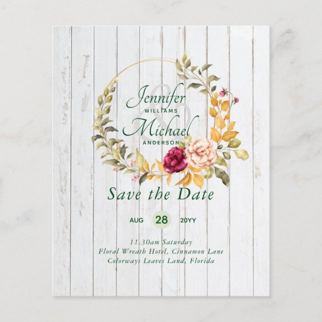 Cheapest Save The Dates Floral Wreath BUDGET (Front)